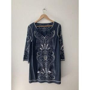 Sundance Blue Tunic Dress Beach Cover Sz S 100% Cotton Tassels Embroidery Beaded